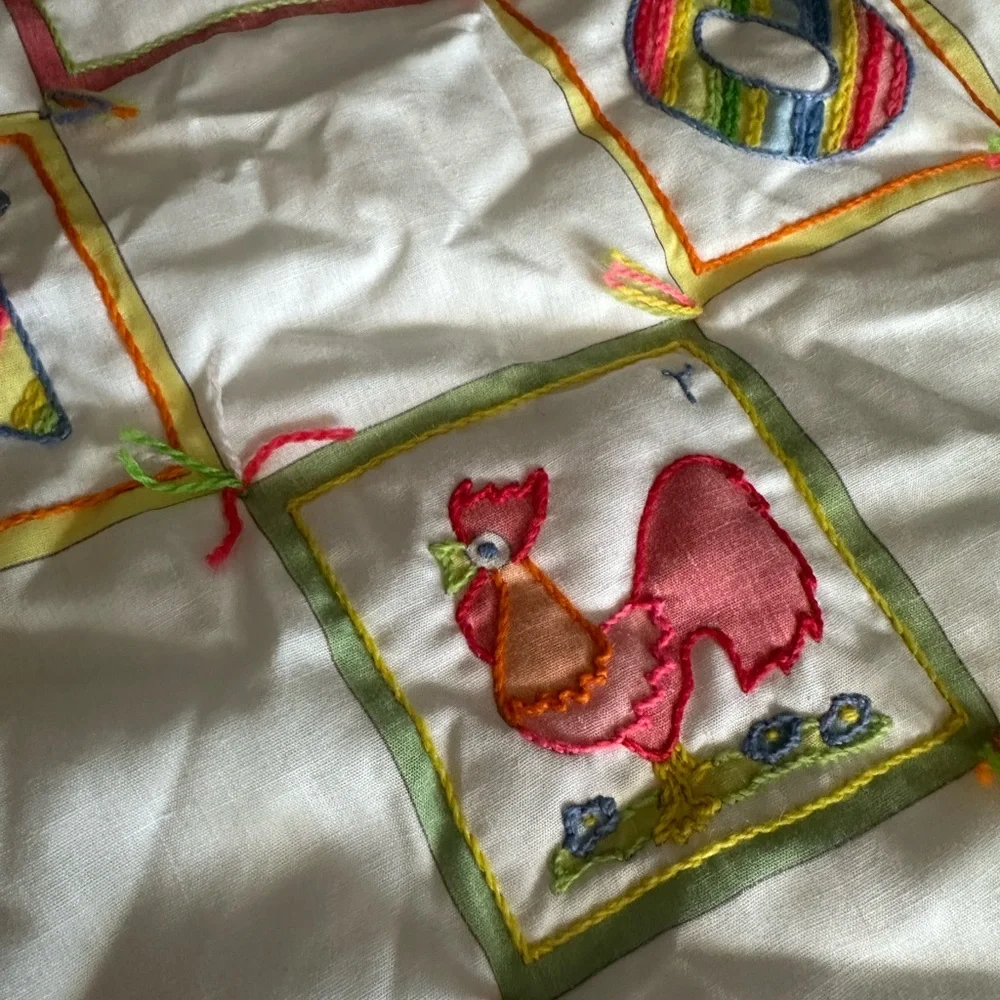 Vintage Handmade ABC Baby Blanket Top Embroidered Wall Hanging Ruffle Hem Decor